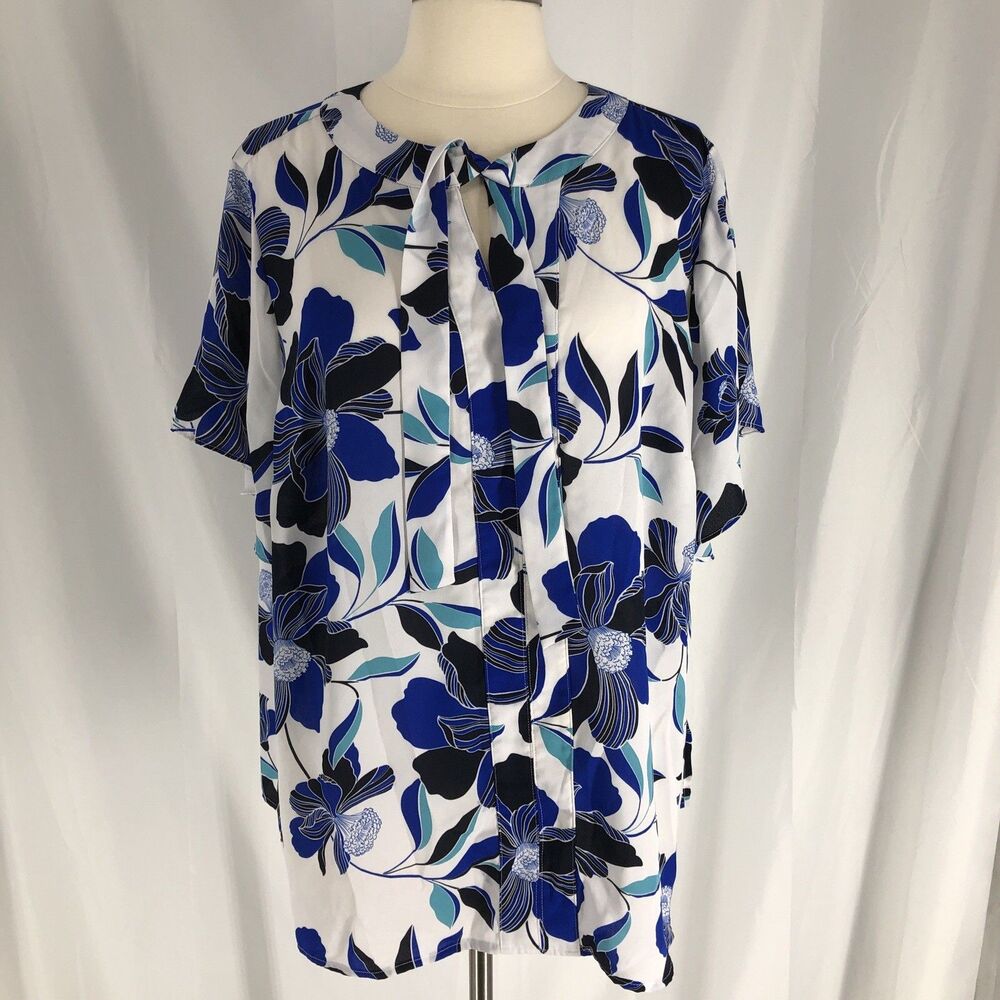 Liz Claiborne Size 1X Floral V-Neck Tie Shirt Sleeve Breathable Blouse
